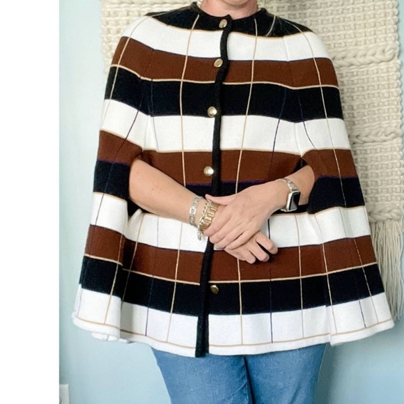 Vintage Plaid Stripe Button Down Knit Cape/Poncho - Picture 2 of 11